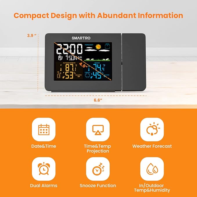 SMARTRO SC91 Projection Alarm Clock for Bedrooms with Weather Station, Wireless Indoor Outdoor Thermometer, Temperature Humidity Monitor Gauge Hygrometer - Image 2