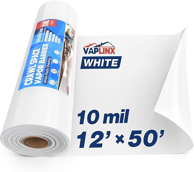 White Crawl Space Vapor Barrier, 10 Mil Vapor Barrier, 12' x 50', Heavy Duty Polyethylene Film, Thick Plastic Sheeting, Plastic Drop Cloth Covering for Crawlspace, Basement, White by VAPLINX
