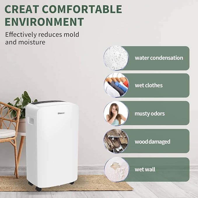 Shinco 40 Pints Dehumidifier for Home and Basements, 2000 Sq.Ft Dehumidifiers with Drain Hose, Auto or Manual Drainage, Auto Defrost, Quietly Remove Moisture, Intelligent Humidity Control, 24HR Timer - Image 6