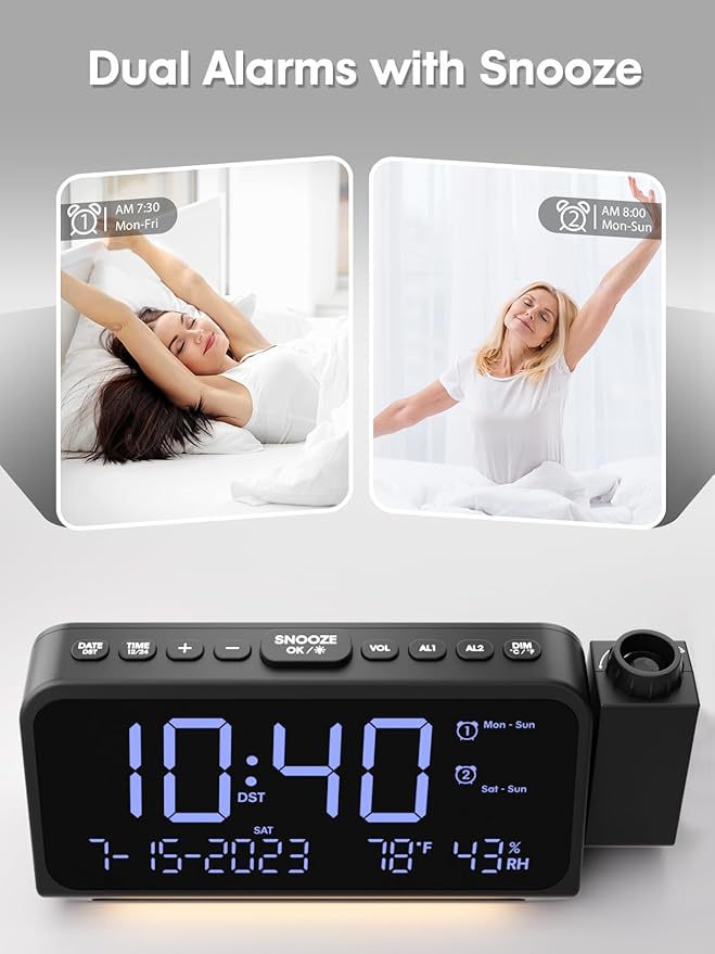 ROCAM Projection Alarm Clock, Digital Clock with 180° Projector on Ceiling Wall, Dual Loud Alarm Clocks for bedrooms with Weekday/Weekend Mode,2 USB Ports, Dimmer, Temp, Humidity, Night Light, Snooze - Image 5