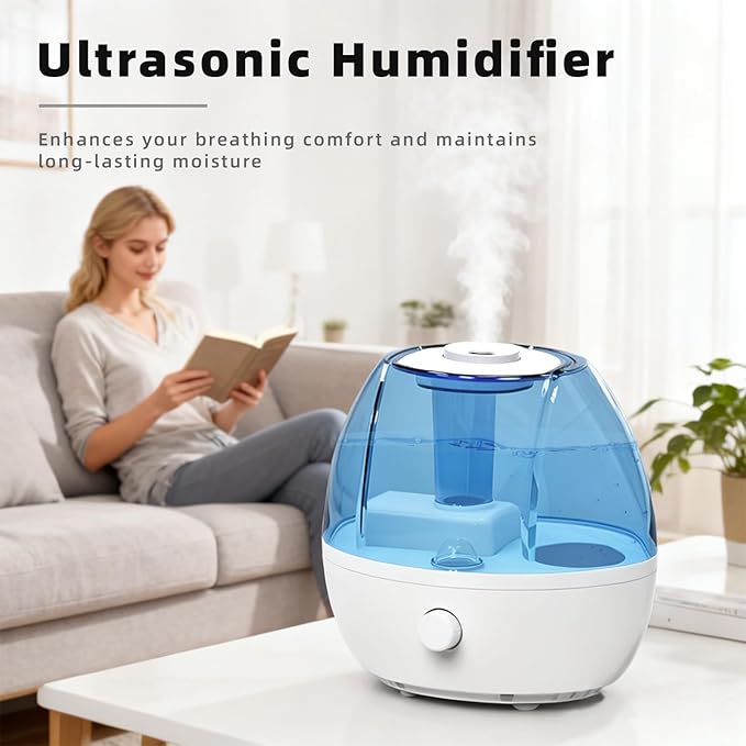 KVM Ultrasonic Cool Mist Humidifier, Quiet Air Humidifiers for Bedroom, Nursery, Office, & Indoor Plants, 360 Rotation Nozzle & 2L Water Tank & Night Light - Image 2