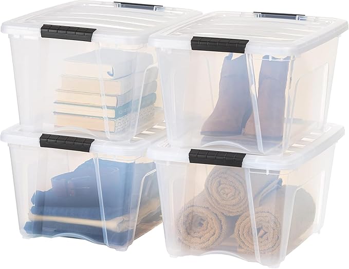 IRIS USA 32 Qt Stackable Plastic Storage Bins with Lids, 4 Pack - BPA-Free, Made in USA - See-Through Organizing Solution, Latches, Durable Nestable Containers, Secure Pull Handle - Clear by IRISUSA