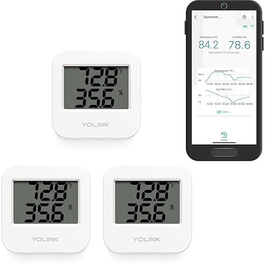 YoLink Smart Wireless Temperature & Humidity Sensor, 3-Pack, Wide Temp Range for Fridge, Green House, Pet Cage, App Alerts, Emails, Text/SMS alerts- Hub Required by YoLink