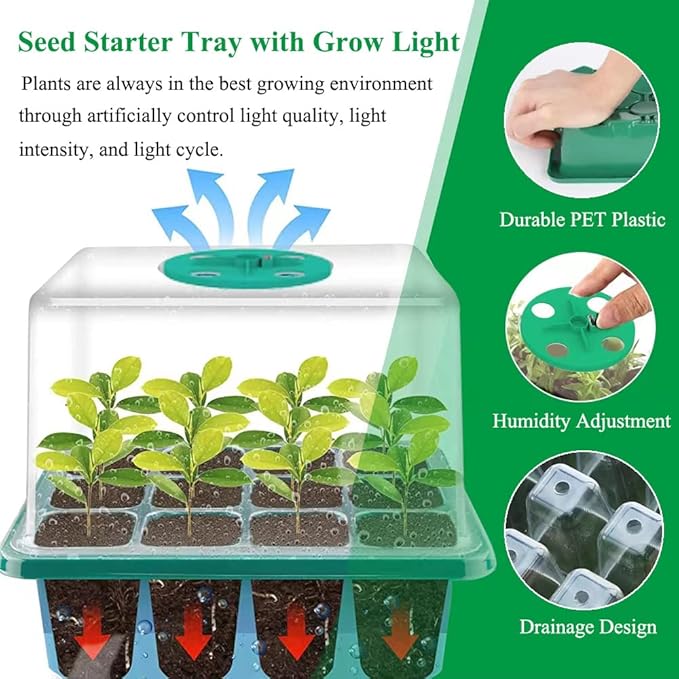 Seed Starter Tray Seedling Kits with Grow Light, 3-Pack Plant Germination Set with Adjustable Humidity Dome and Base Greenhouse Grow Trays for Seeds Growing Starting (12 Cells per Tray) - Image 2