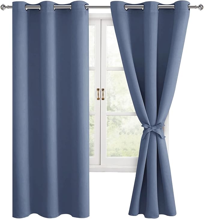 Hiasan Blackout Curtains for Bedroom, 42 x 63 Inches Length - Thermal Insulated & Light Blocking Window Curtains for Living Room, 2 Drape Panels Sewn with Tiebacks, Blue Haze by Hiasan