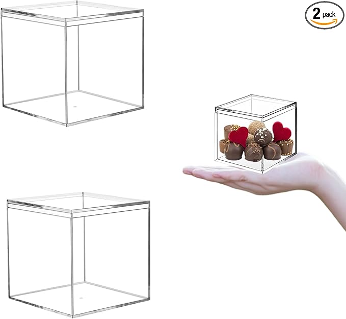 KissYou Acrylic Box with Lid 2 Pieces Small Clear Square Cube Small Mini Storage Box Plastic Containers Weddings, Party Gift Candy Boxes by KissYou