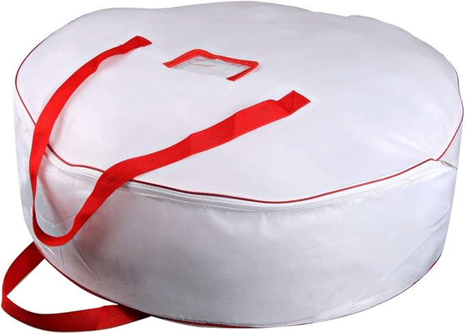 TQS 25" Christmas Wreath Container Bag - Christmas Large Wreath Bag Storage Cover- Reinforced Wide Heavy Duty Handle & Double Sleek Zipper - Protect Your Garlands Party Decorations - White by TQS