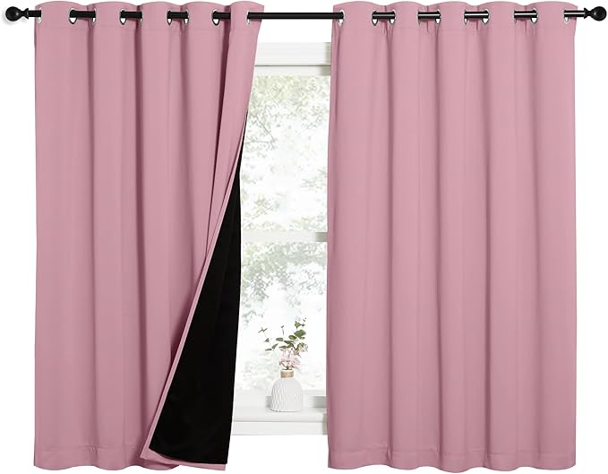 NICETOWN 100% Blackout Curtains with Black Liners, Thermal Insulated Full Blackout 2-Layer Lined Drapes, Energy Efficiency Window Draperies for Bedroom (Crystal Pink, 2 Panels, 62-inch W by 63-inch L) by NICETOWN