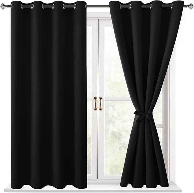 Hiasan Blackout Curtains for Bedroom, 52 x 54 Inches Long - Thermal Insulated & Light Blocking Window Curtains for Living Room, 2 Drape Panels Sewn with Tiebacks, Black by Hiasan