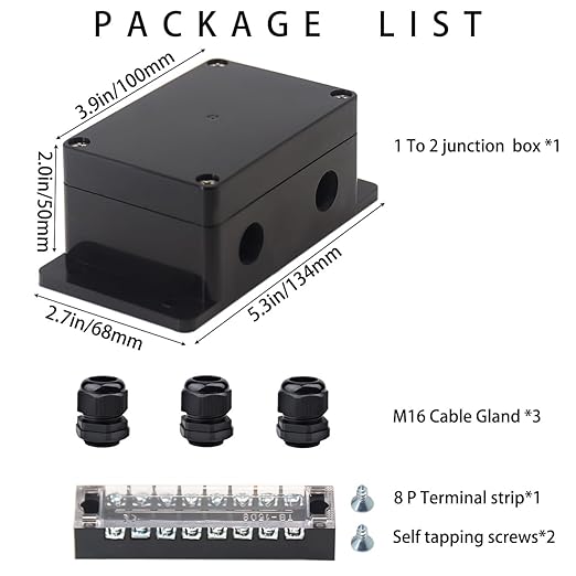 Watertight Junction Box, IP67 Waterproof Electrical Project Box with 8P 15A Barrier Terminals,1 in/2 Out Cable Glands Electronic Enclosure 3.94" x 2.68" x 1.97" - Image 7