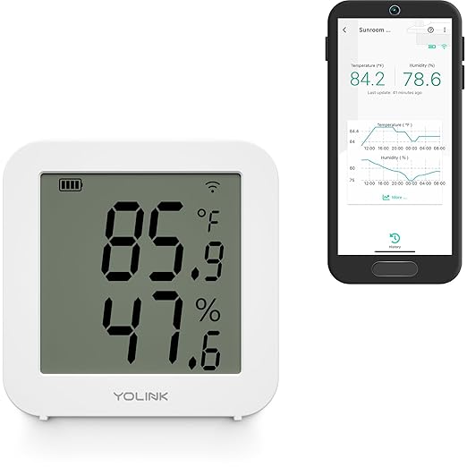 YoLink Indoor Hygrometer Thermometer, 2-Year Data Storage Export, Data loger, LoRa Tech, App Push, Email, SMS, Hub Required by YoLink