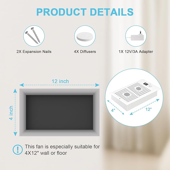 Register Booster Fan for 4" x 12" Vents Only,10 Speeds to Control Cool and Warm Airflow, Air Conditioning Vents with LED Screen Remote & Thermostat Control, for Room Walls & Floors (Black) - Image 7