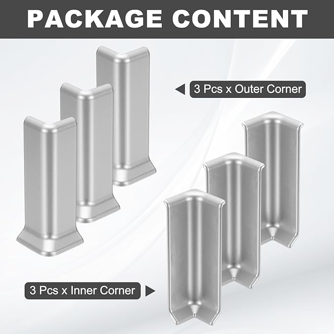 uxcell Self Adhesive Baseboard Corner Blocks, 4.07 Inch Wall Edge Corner Protector 3 Inside + 3 Outside Corners-Connector for Wall Floor Furniture Edge(Silver) - Image 3