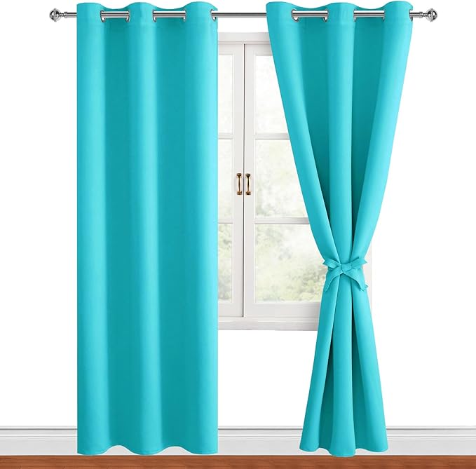 Hiasan Blackout Curtains for Bedroom, 38 x 84 Inches Long - Thermal Insulated & Light Blocking Window Curtains for Living Room, 2 Drape Panels Sewn with Tiebacks, Turquoise by Hiasan