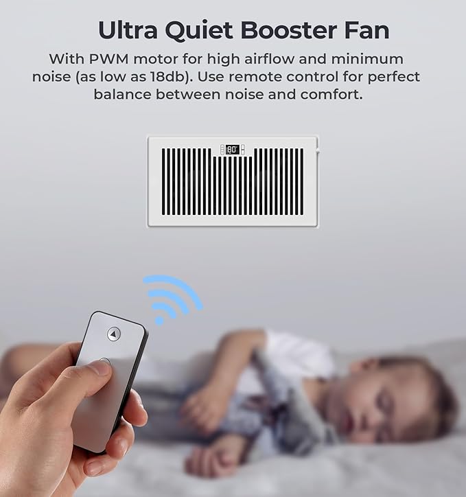 Quiet Register Booster Fan Fits 6" x 12" Register Holes, 10-Speed Smart Heating Cooling AC Vent Fan with Remote Control and Thermostat Control - White - Image 5