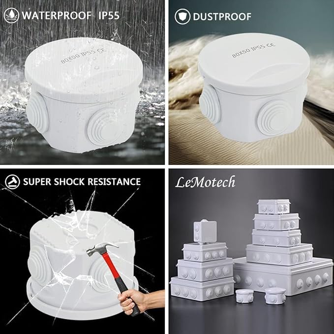 LeMotech Junction Box, ABS Plastic IP55 Water Resistant and Dustproof, Universal Electrical Enclosure, Outdoor and Indoor Project Box D3.1 x H2.4 inch (D80 x H60 mm) (Pack of 2) - Image 8