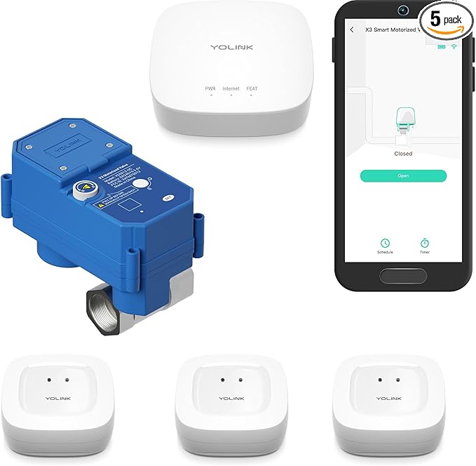 NSF Certified YoLink Leak Protection Kit, 3/4" Battery-Powered Shutoff Valve w/ Controller + 3 Leak Sensors + Hub, D2D Offline Auto Shutoff, LoRa Long-Range, App/Email/SMS Alerts, 10+ Year Battery by YoLink