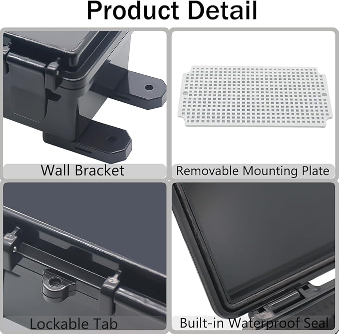 Junction Box, Hinged Black Cover IP67 Waterproof ABS Project Box with Mounting Plate Electrical Box Enclosure with Wall Bracket 8.3 x 5.1 x 4.3inch(210x130x110mm) - Image 4