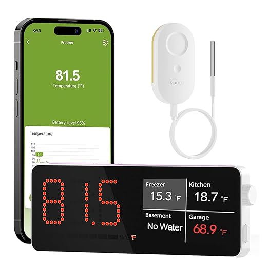 MOCREO WiFi Refrigerator Thermometer, Remote Email & App Alert, 2 Years Data Export, 1 Smart Temperature Sensor Frezzer Alarm with Digital Monitor Hub for Home, Kitchen, Fridge by MOCREO