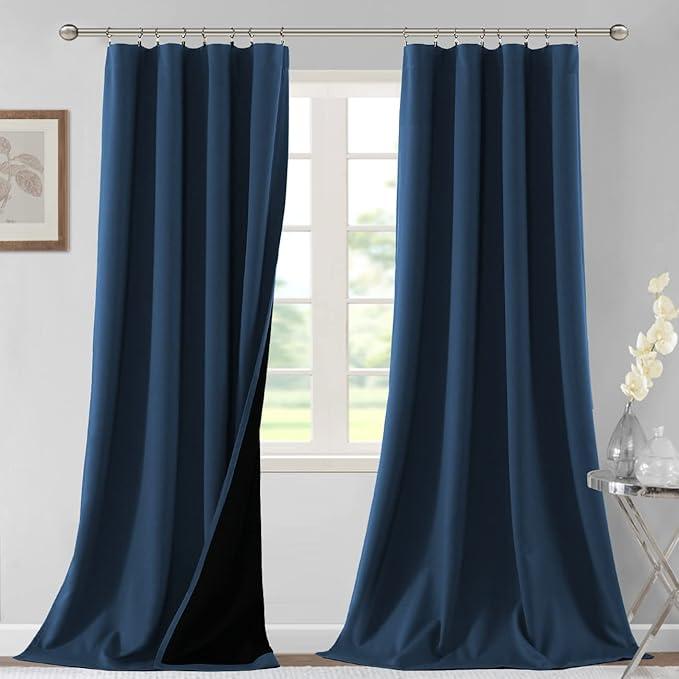 H.VERSAILTEX 100% Blackout Curtains for Bedroom Thermal Insulated Blackout Curtains 108 Inches Long Rod Pocket/Clip Rings Curtains for Living Room with Black Liner 2 Panels, Navy by HVERSAILTEX