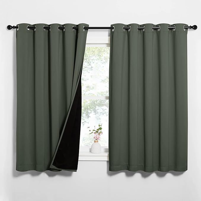 NICETOWN Dark Mallard 100% Blackout Lined Curtains, 2 Thick Layers Completely Blackout Window Treatment Thermal Insulated Drapes for Kitchen/Bedroom (1 Pair, 62" Width x 63" Length Each Panel) by NICETOWN