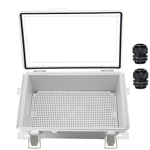 Zulkit Junction Box,IP67 Waterproof Electrical Box Hinged Clear Cover Stainless Steel Buckle Plastic Enclosure for Project w Mounting Plate Wall Bracket and 2 Cable Gland 10.2 x 6.3 x 3.9 Inch by Zulkit