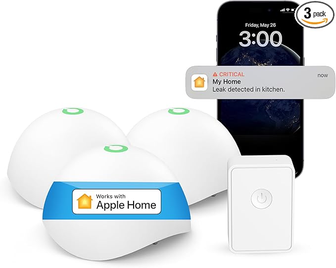 Meross Smart Water Sensor Alarm 3 Pack, WiFi Water Leak Detector Support Apple HomeKit, SmartThings, IP67 Waterproof with App Alerts, Alarm, 100M Range for Home Basement Kitchen (Meross Hub Included) by meross