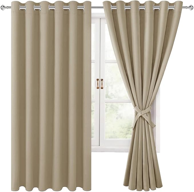 Hiasan Grommet Blackout Curtains for Bedroom, 70 x 63 Inches - Thermal Insulated & Light Blocking Window Drapes for Living Room/Dorm Room, Set of 2 Panels Sewn with Tiebacks, Taupe - Image 2