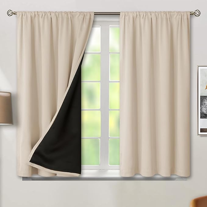 BGment Short Blackout Curtains for Bedroom, Thermal Insulated Full Room Darkening Soundproof Rod Pocket Bedroom Small Window Curtains 45 Inch Length, 2 Panels，Each Panel 42 Inch, Champagne by BGment