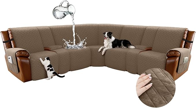 Arfntevss Waterproof Recliner Sectional Couch Covers for Reclining L Shape Sofa Cover Non Slip Washable L Shaped Slipcover Sets for Dog Furniture Protector (5 Seat with 2 Console Cover, Light Brown) by Arfntevss