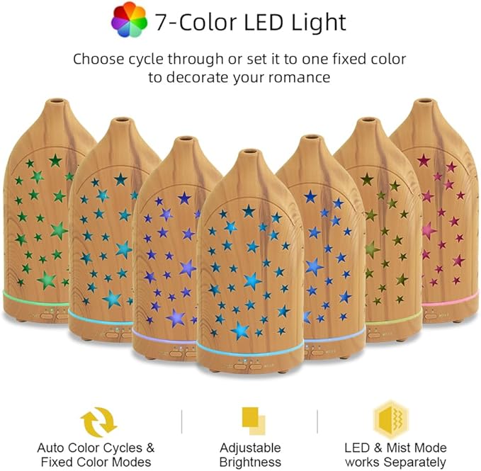 Essential Oil Diffuser,7.1''x3.5'' Diffusers with 3 Aromatherapy Oils Set,Small 200ml Desk Humidifier with 7 LED Colors Night Lights,Waterless Auto-Off for Office Home Decor Gift (Star) - Image 8