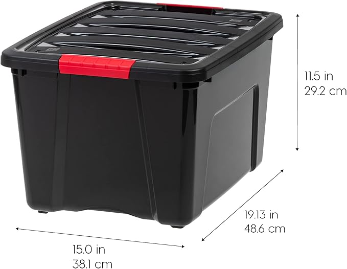 IRIS USA 40 Qt Stackable Plastic Storage Bins with Lids, 4 Pack - BPA-Free, Made in USA - Garage Organizing Solution, Latches, Durable Nestable Containers, Secure Pull Handle - Black - Image 2