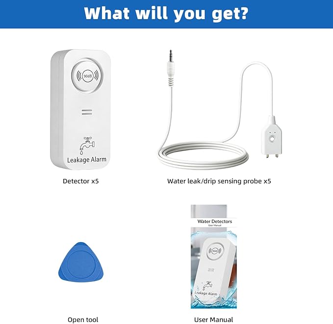 Water Leak Detector 5 Pack, 90dB Water Sensor Alarm for Home, Kitchen, Basement, Pipe and Faucet Leak Detection, Water Alarm with Extension Cable Sensor Probes(Cannot Connect to Wi-Fi Directly) - Image 8