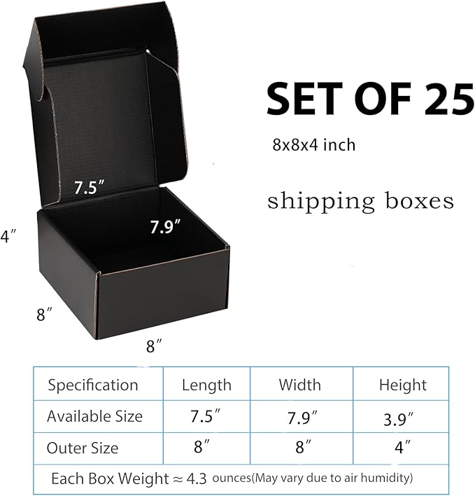 Small Shipping Boxes 8x8x4 Inch (25 Pack) - Sturdy Black Corrugated Cardboard Boxes for Small Business, Ecommerce, Mailing & Packaging | Recyclable Gift & Storage Boxes - Image 2