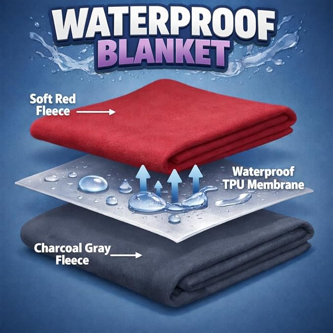 Premium Deluxe - 100% Waterproof Blanket Guarantees to Keep Your Bed Dry! Crinkle-Free Ultra-Soft Fleece Furniture Protector for People Kids Pets. EZ Wash/Dry Red/Grey Reversible 80x60 - Image 2