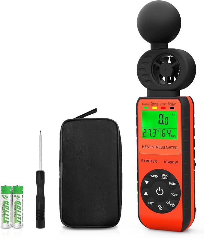 BTMETER BT-881W Heat Stress Meter Anemometer, Digital Indoor/Outdoor WBGT (Wet Bulb Globe Temperature) Meter with Wind Speed, Ambient Temp, Humidity Tester by BTMETER
