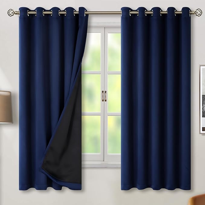 BGment Thermal Insulated 100% Blackout Curtains for Bedroom with Black Liner, Double Layer Full Room Darkening Noise Reducing Grommet Curtain (60 x 63 Inch, Navy Blue, 2 Panels) by BGment