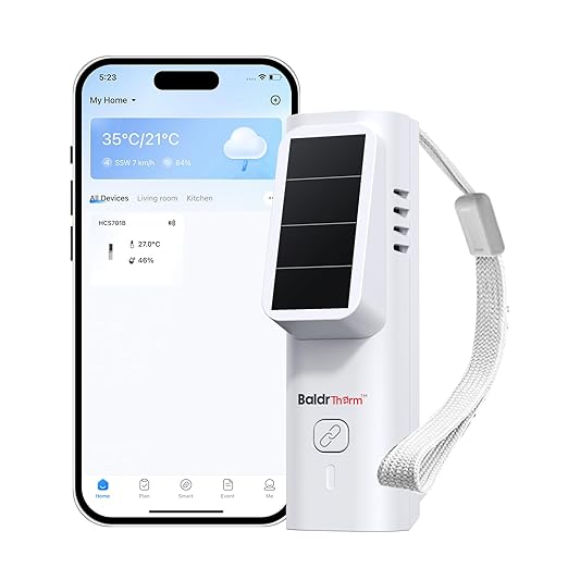 BaldrTherm Solar Bluetooth Thermometer & Humidity Monitor, Wireless Thermometer with Date Storage, Real-Time Alerts, 262 Feet Connecting Range, Apply for Room Greenhouse, Pet Cages, 1pack by BaldrTherm
