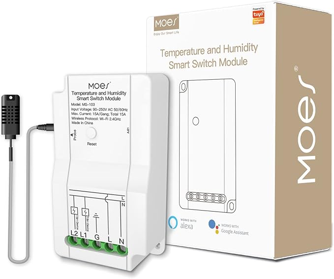 MOES WiFi Smart Temperature and Humidity Switch Module Sensor, Dual Relay Output Controller, Smart Life Tuya App Wireless Remote Control, Programmable Thermostats Kit Works with Alexa Google Assistant by MOES