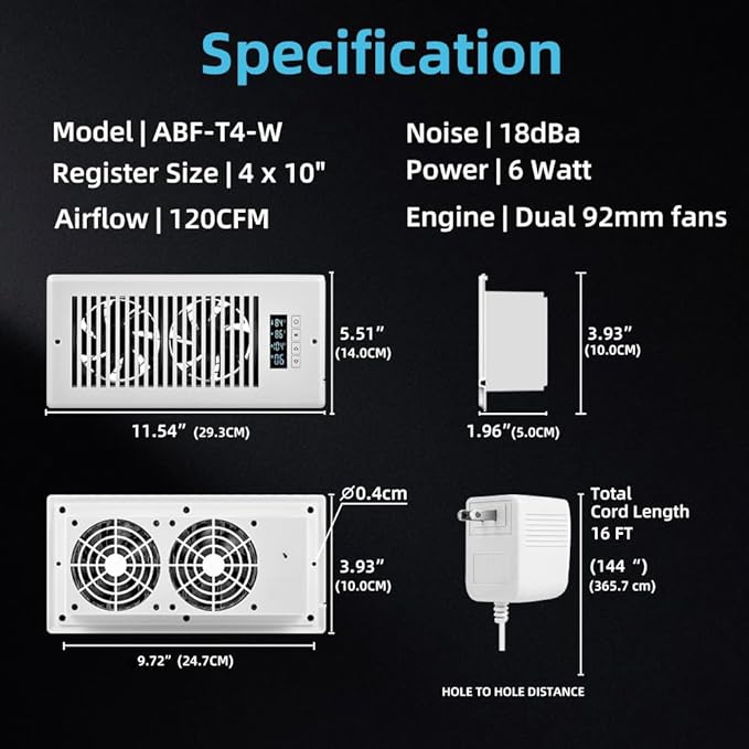 Smart Register Booster Fan 4” x 10” with Thermostat Control Intelligent Heating Cooling Trigger, 10 Fan Speed Adjustable AC Air Vent Fan Booster for Room Wall Floor White - Image 6