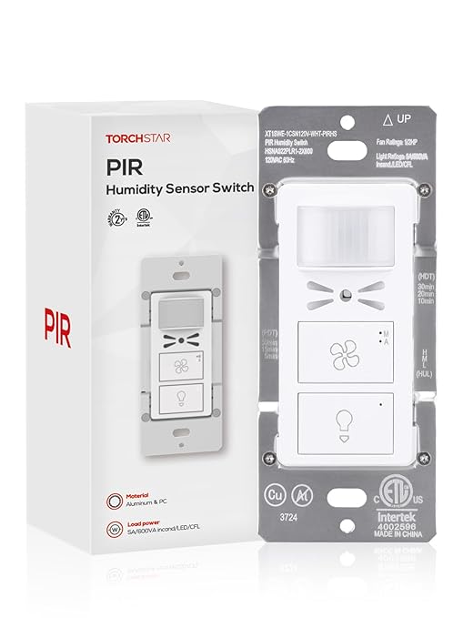 TORCHSTAR Humidity Sensor Switch with PIR Motion Detection, Adjustable Timing, Moisture Control, Automatic Fan & Light Control for Bathrooms Basements, Single Pole, 1/2 HP, White, ETL Certified by TORCHSTAR