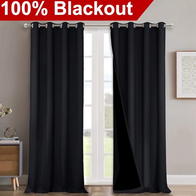 NICETOWN Full Shading Curtains 90 inches Long 2 Panels Set for Windows, Super Heavy-Duty Black Lined Blackout Curtains for Bedroom, Privacy Assured Window Treatment (Black, 52 inches W) - Image 2