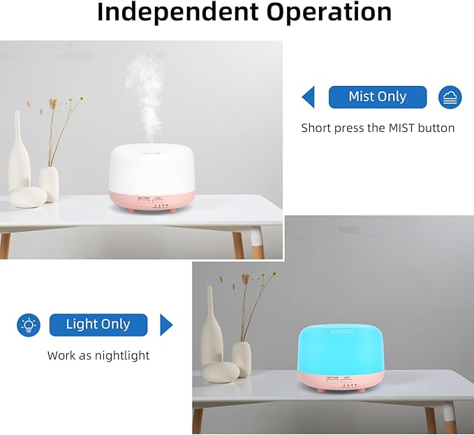 300ML Essential Oil Diffuser, Cool Mist Small Diffuser with Remote Control, 7 Color Changing LED Light, 4 Timer Settings,Waterless Safety Shut Off, for Bedroom, Room, Office(Pink) - Image 3