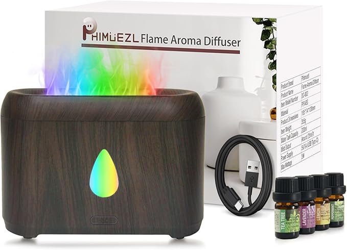Flame Diffuser for Essential Oils, 200ml Ultrasonic Aroma Diffusers with Cool Mist, Aromatherapy Diffuser with Auto-Off Protection (Dark Wooden Grain(7 Colors), Peppermint+Lavender+Tea Tree+Lemon) by Phimuezl
