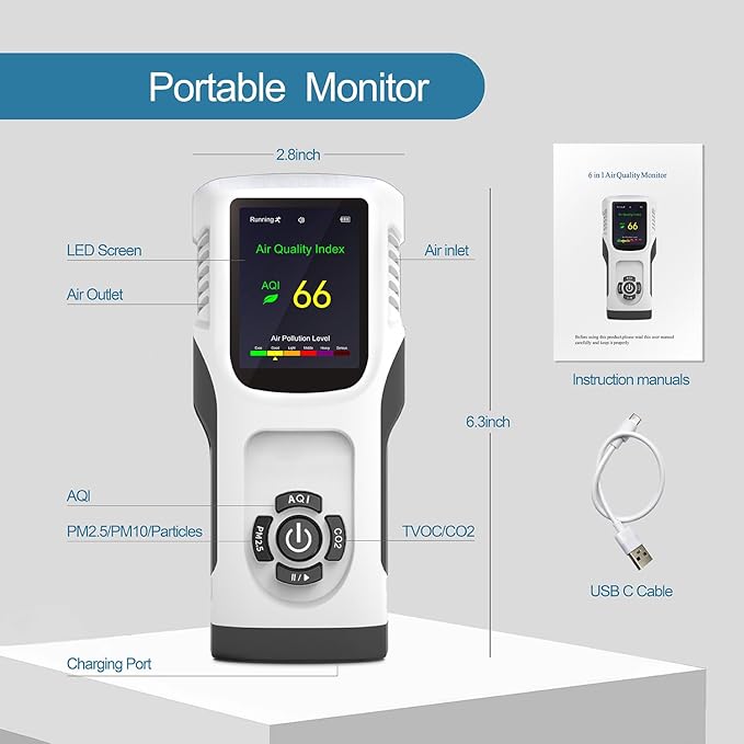 6-in-1 Air Quality Monitor Indoor CO2 Monitor, 3000mAh AQI TVOC Air Quality Tester for Home PM2.5 PM10 Particle Counter Air Quality Monitor with Graph, Portable Outdoor LED Screen - Image 6