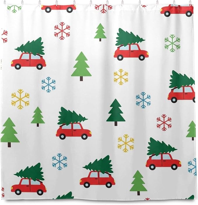 Tree Car Christmas White Shower Curtain Liner 72×72 inch for Bathroom Curtain Anti Mold Shower Curtain with Hooks Shower Accessories - Image 2