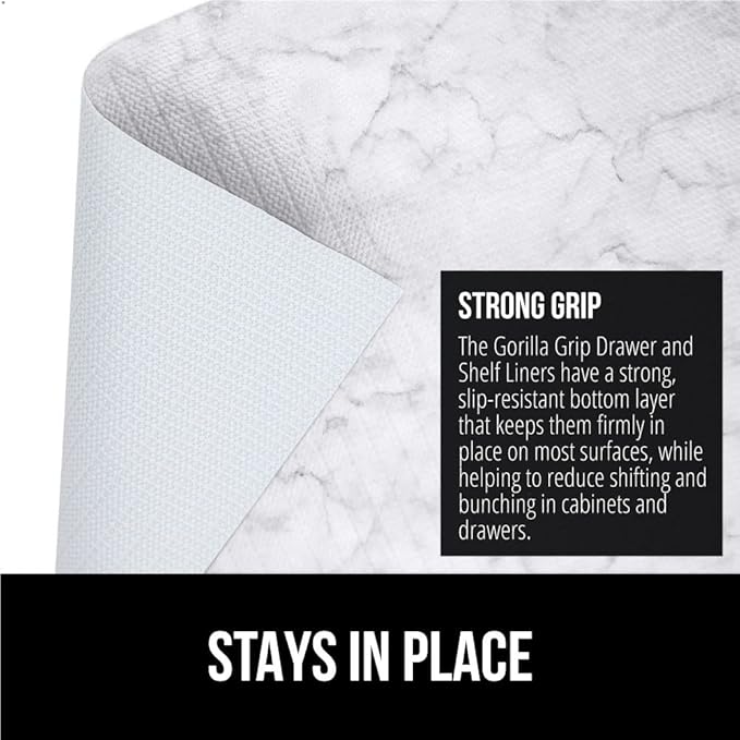 GORILLA GRIP DripGuard Shelf Liner, Non-Adhesive Drawer and Kitchen Cabinet Protector, Strong Grip Slip Resistant Underside, Smooth Surface Liners for Cabinets, Bathrooms, Closets, 12x240 Inch, Marble - Image 3