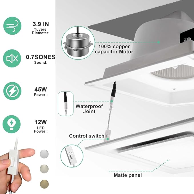 Bathroom Exhaust Fan with Light,11.8 in Panel,12W Square LED,141 CFM,0.7 Sones,110V 45W Quiet Bathroom Ventilation Exhaust Fan for Shower/Restroom/Office/Home (3-Colour LED) - Image 3