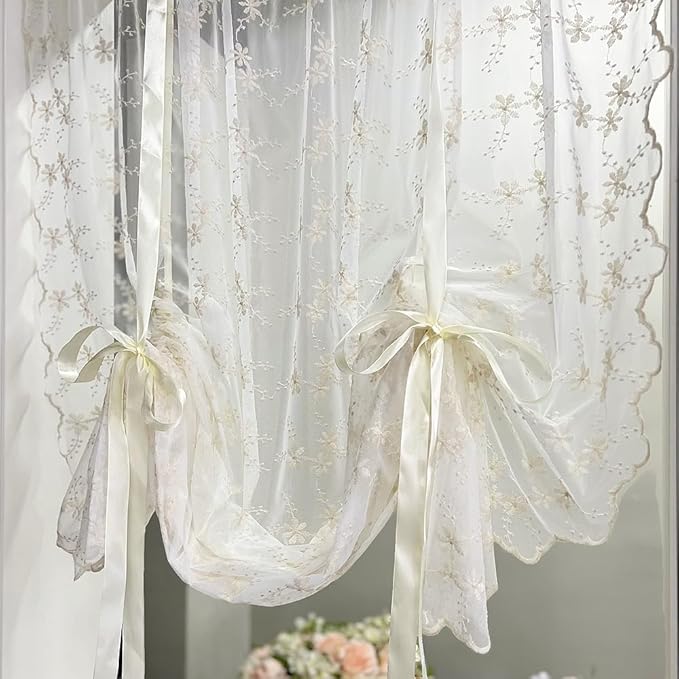 Beige Romantic Little Floral Woven Lace Tie Up Balloon Curtain for Kitchen Liftable Tier Roman Blind Victorian Drapes for Small Window Cafe Balcony Rod Pocket 1 Panel (55Wx39L inch) - Image 8