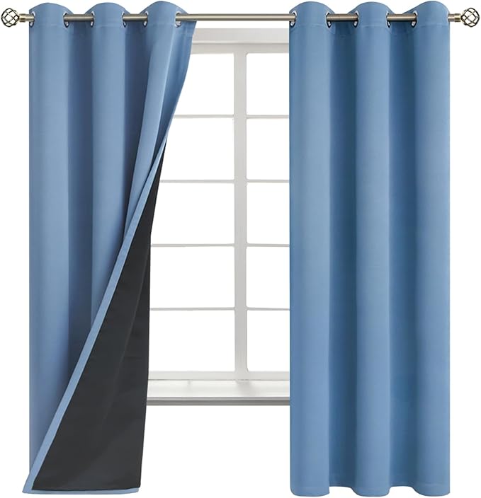 BGment Thermal Insulated 100% Blackout Curtains for Bedroom with Black Liner, Double Layer Full Room Darkening Noise Reducing Grommet Curtain (42 x 63 Inch, Denim Blue, 2 Panels) - Image 8